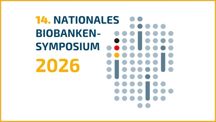 Banner zum 14. Nationalen Biobanken-Symposium 2026. Text: „14. Nationales Biobanken-Symposium 2026“. Termin: 15.–16.09.2026. Ort: Berlin, Hotel Aquino. Rechts daneben ein stilisiertes Logo aus grauen Punkten und farbigen Akzenten.