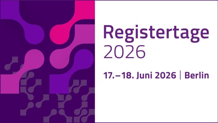 Grafisches Banner für die Veranstaltung ‚Registertage 2026‘. Rechts steht der Text ‚Registertage 2026 – 17.–18. Juni 2026 | Berlin‘ in violetter Schrift auf hellem Hintergrund. Links sind abstrakte, ineinanderfließende Formen in verschiedenen Violett- und Pinktönen zu sehen.