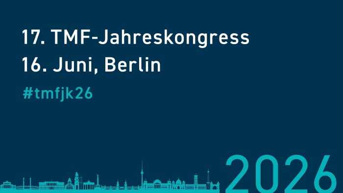 Banner für den 17. TMF-Jahreskongress am 16. Juni 2026 in Berlin. Hashtag: #tmfjk26. Unten die stilisierte Berliner Skyline auf dunkelblauem Hintergrund
