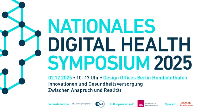 Das Banner zum Nationalen Digital Health Symposium 2025, das am 2. Dezember 2025 im Design Offices Berlin Humboldthafen stattfindet.