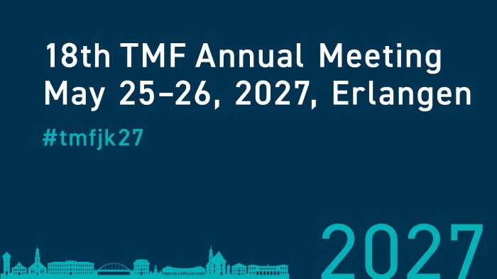 Banner for the 18th TMF Annual Meeting on May 25–26, 2027, in Erlangen. Hashtag: #tmfjk27. The stylized skyline of Erlangen is featured at the bottom against a dark blue background.